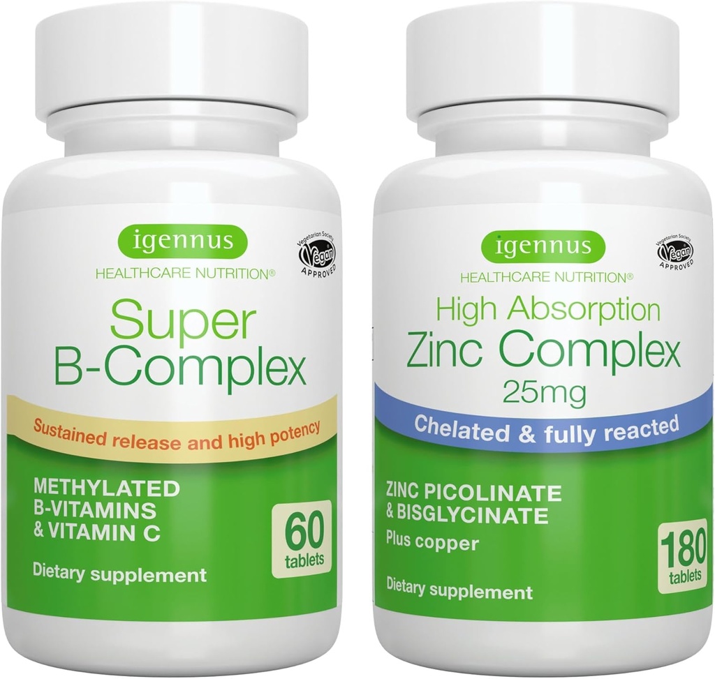 Super B-Complex + 아연 Complex Vegan 번들, 메틸을 입힌 중단된 방출 B Complex + 25mg 킬레이트 아연 Picolinate & Igennus에 의하여 구리로 Bisglycinate
