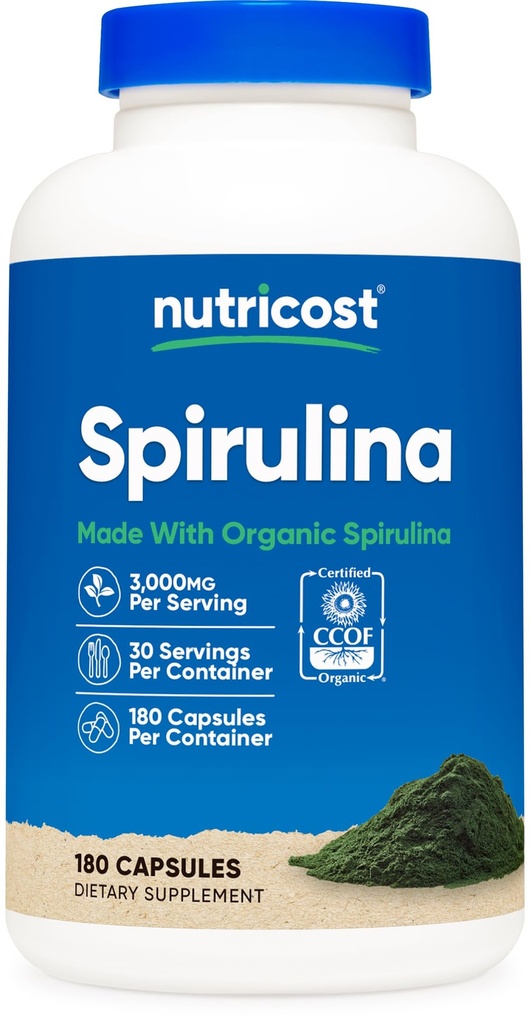 Nutricost Spirulina 3,000mg, 180 캡슐 30 서빙 - CCOF 인증 유기 Spirulina, 글루텐 무료, 채식