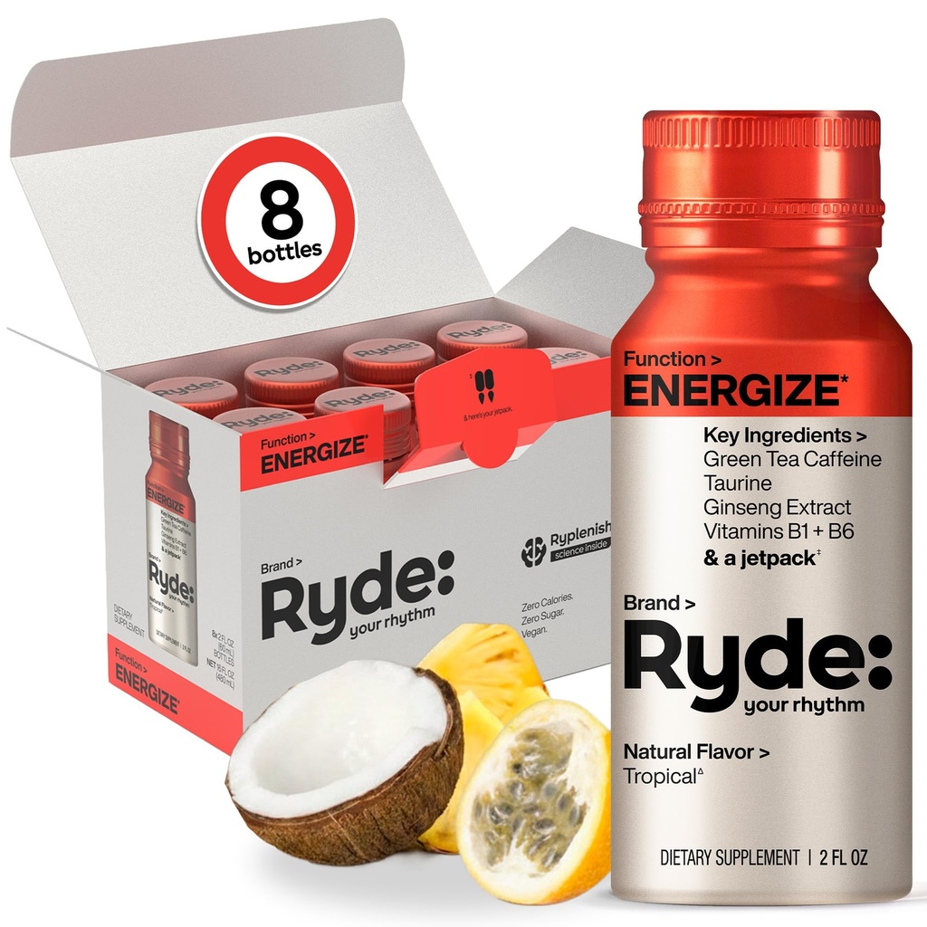 Ryde : Energize Shot | 열대 맛 | 녹차 카페인, 타우린, 인삼 추출물 & B 비타민 | 0 칼로리, 0 설탕 | 2 FL OZ 샷 | 부스트 에너지 * (8 팩)