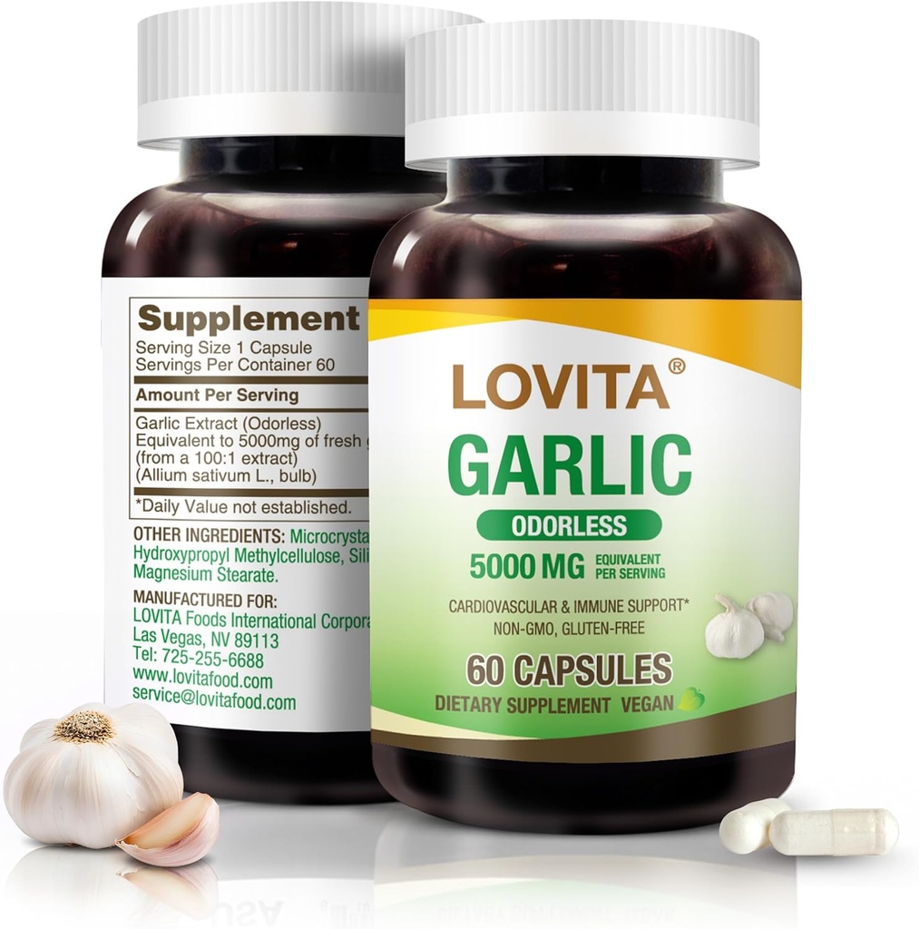 Lovita 무취 마늘 캡슐, 5000mg 신선한 마늘 동등한, 1.25% Allicin 추출물, 지원 심장, 혈압, 콜레스테롤 & 면역 체계, 비 GMO, 글루텐 자유로운, 60 Vegan 캡슐
