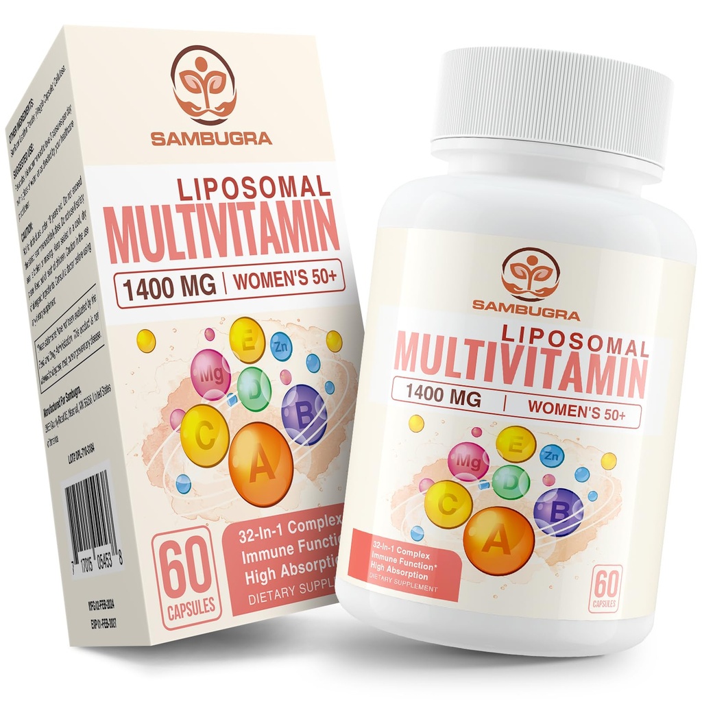 여성 50 +를위한 Liposomal Multivitamin - 32 성분, CoQ10, 비타민 C, B, D, E 심장 혈관 및 뼈 건강 지원 - 철 무료 (60 캡슐)