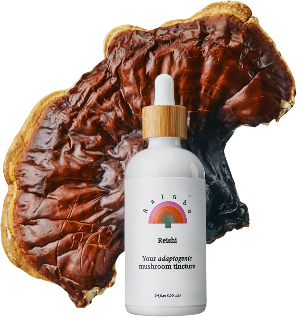 Rainbo - Reishi 버섯 Tincture - 이중 추출물 버섯 보충 - 면역 지원, 무드, 수면, 액체 Reishi 보충교재, 채식주의자, 비 GMO, 3.4 fl oz