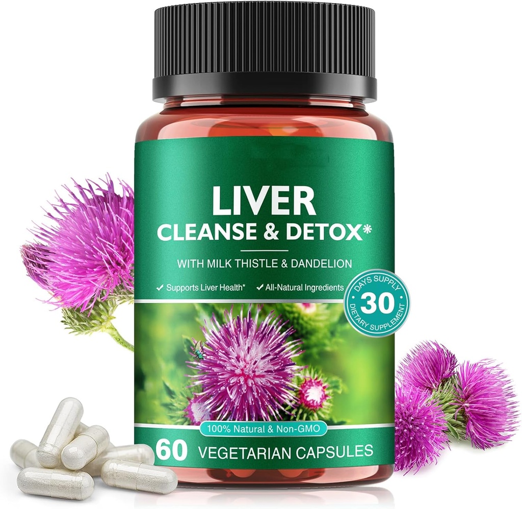 Liver Cleanse & Detox Pills for Liver Health Repair - 우유 이틀 추출물, 댄 델리온 뿌리, 생강, Beetroot Powder & Vitamins - 천연 생강 지원, 60 Vegan 캡슐
