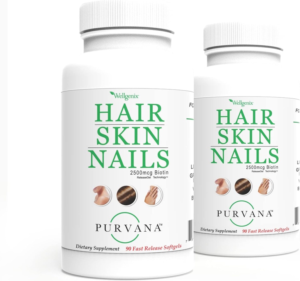 Wellgenix Purvana 머리, 피부, 그리고 높은 흡수를 위한 못 비타민 Softgels - 두 배 힘 2500mcg Biotin, VIT A & B (90 조사) 2 팩