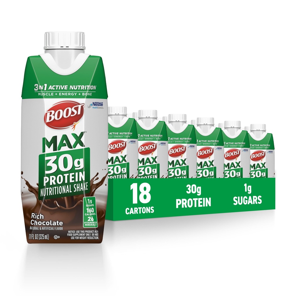 BOOST MAX Protein Shakes는 음료 준비 - 30g 고단백 셰이크 - 초콜릿 | 운동 후 근육 회복을 지원하는 영양 음료, 26 비타민 및 미네랄, 1g 설탕, 11 fl oz (18 포장)