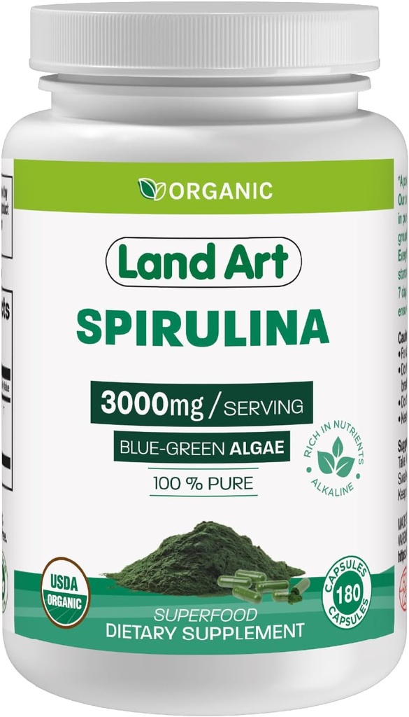 랜드 아트 공인 유기 Spirulina - 180 캡슐 - 슈퍼 푸드 - 미네랄, 비타민 및 단백질에 풍부한 - Vegan