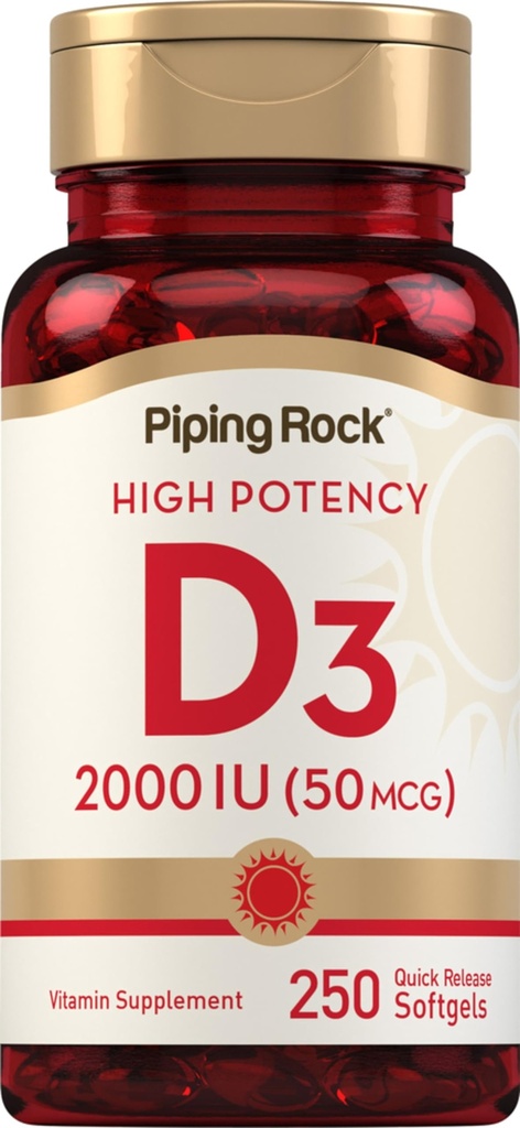 핑 락 비타민 D3 2000 IU | 250 Softgels | 높은 효능 | Cholecalciferol 보충교재 | 비 GMO, 글루텐 프리
