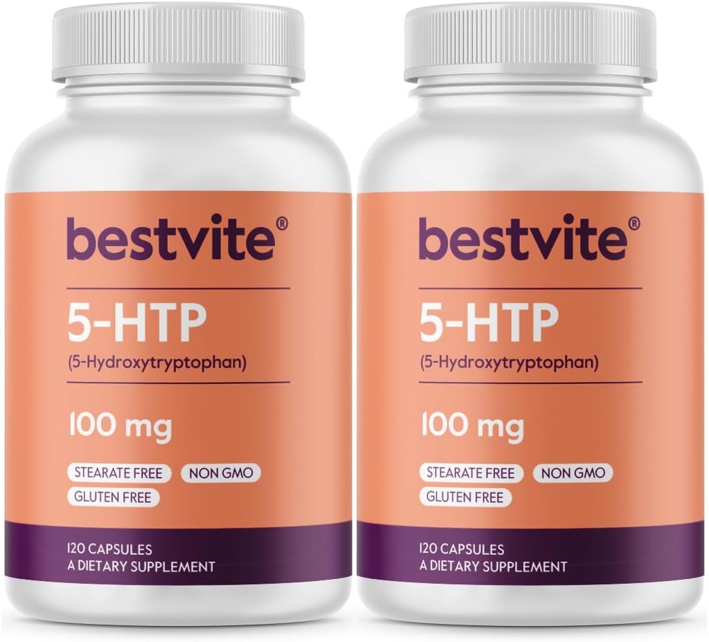 BESTVITE 5-HTP 100mg (240 캡슐) (120 x 2) - Stearates 없음 - 유량 에이전트 없음 - 비 GMO - 글루텐 무료