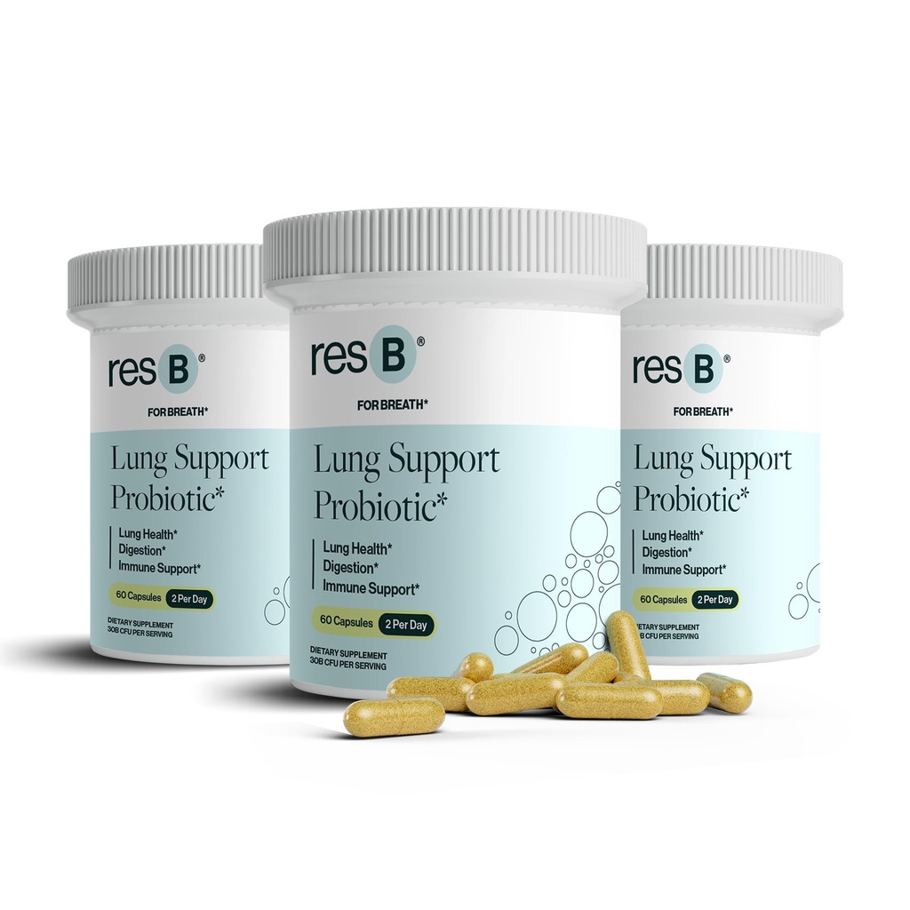 resbiotic resB Lung 지원 Probiotic 보충교재 - 흡연자, Gut 건강, 면역 지원, 호흡 관리, 성 바실, 심황, 임상 시험 - 180 캡슐 (3 병)를 위한 폐 건강 보충교재