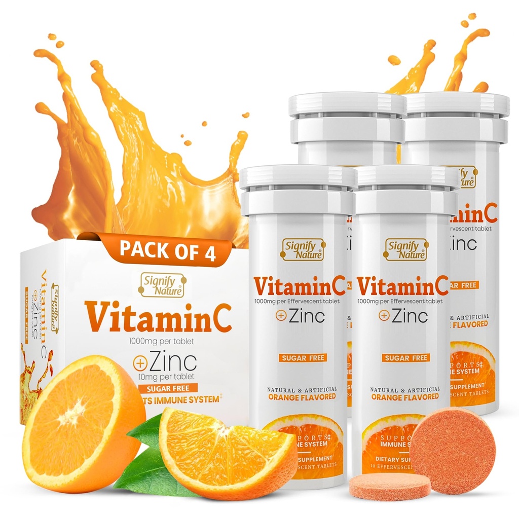 SIGNIFY NATURE 비타민 C 1000mg Effervescent Tablets - 아연 보충을 가진 유력한 면역 지원 VIT C - 설탕 자유로운 & 채식주의자 공식 | Dissolvable 비타민 C 정제 - 수용성 Fizzy Elixir - 40CT