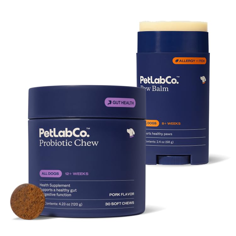 PetLab Co. Paw & Probiotic 번들 : 개 Paw Balm을 지원 건조, 균열 된 Paws 2.4 Ounces & 개 Probiotics for Gut Health, 계절 알레르기, 피부 및 귀 효모 30 조사