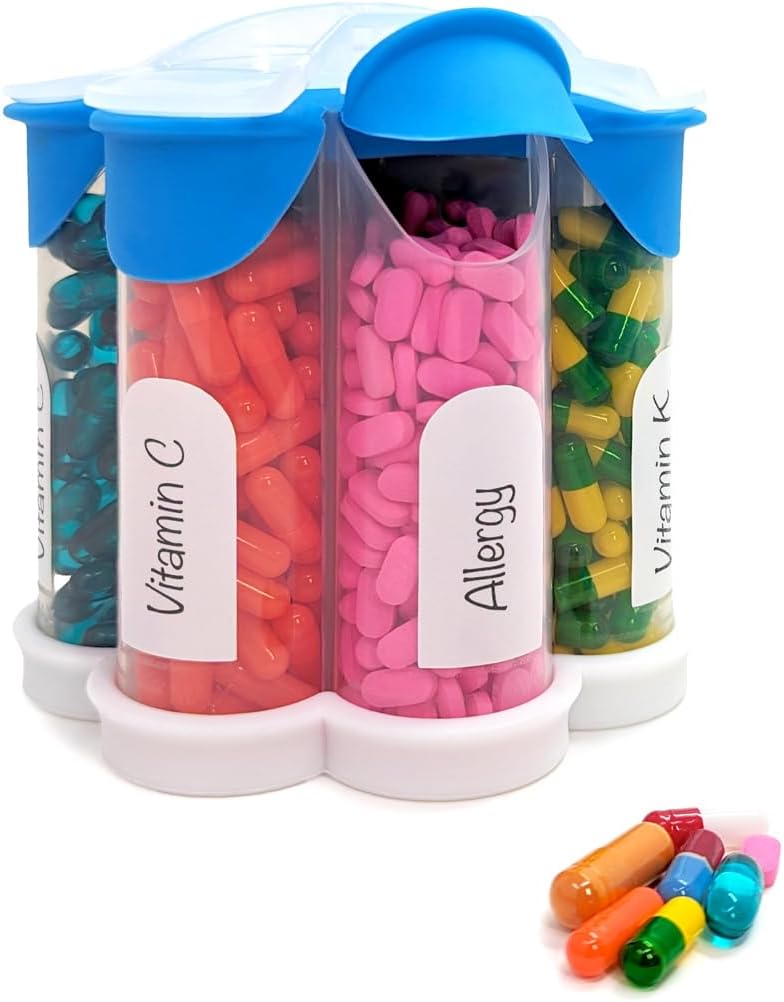 추가 대형 알약 주최자 매일, 주간, 월간 보충 병, 7 XL Compartments가있는 귀여운 Blossom Pill 분배기, 비타민, 약물, 라벨 포함 (블루)을위한 쉬운 오픈 알약 상자