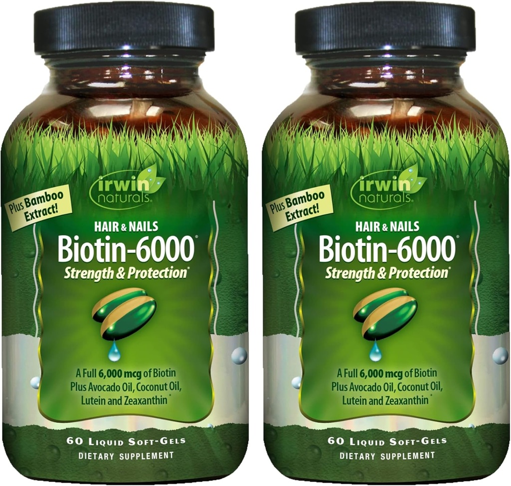Irwin Naturals Biotin-6000-60 액체 Soft-Gels, 2 팩 - Avocado Oil, Coconut Oil, Lutein & Zeaxanthin - 60 총 서빙 강도 및 보호 지원 -
