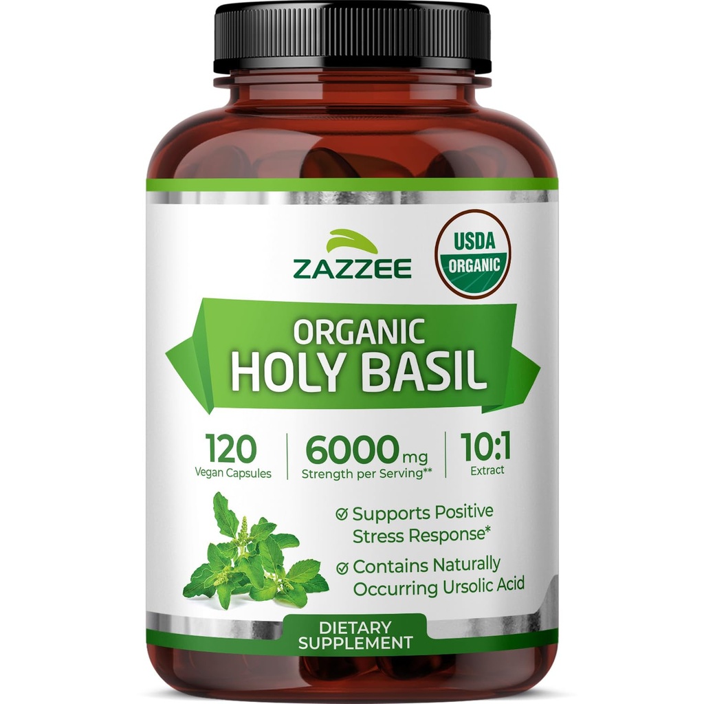 Zazzee USDA 유기 Holy Basil 10 : 1 추출물, 6000 mg 힘, 120 Vegan 캡슐, 농축 및 표준화 된 10X Tulsi 추출물, Ursolic 산, 100 % 인증 유기, 비 GMO