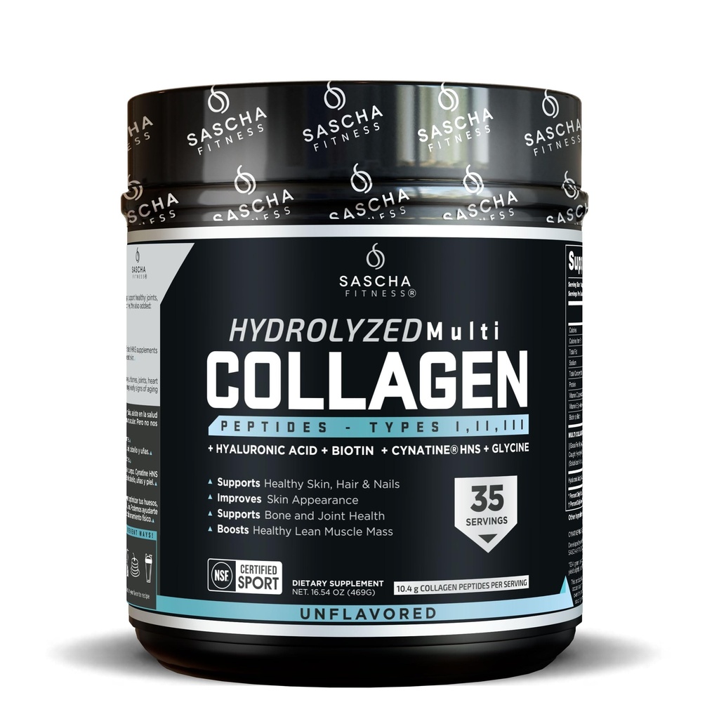 SASCHA FITNESS Hydrolyzed Multi Collagen Peptides Tipes 1,2 & 3|Hyaluronic Acid|Biotin |Cynatine HSN|Vitamin C & E | 모발, 피부 및 뼈 지원| 불확실