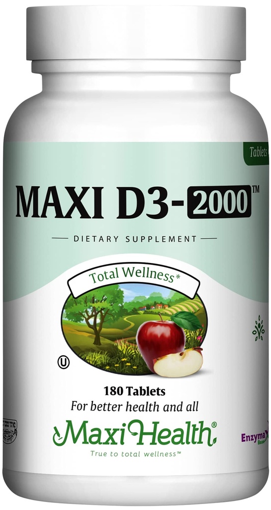 Maxi 건강 고약 비타민 D3 2000IU - 건강한 면역 반응, 칼슘 흡수, 이 & 뼈 건강 - D3 비타민 2000 IU -180 정제를 위한 높게 흡수성 비타민 D 보충교재