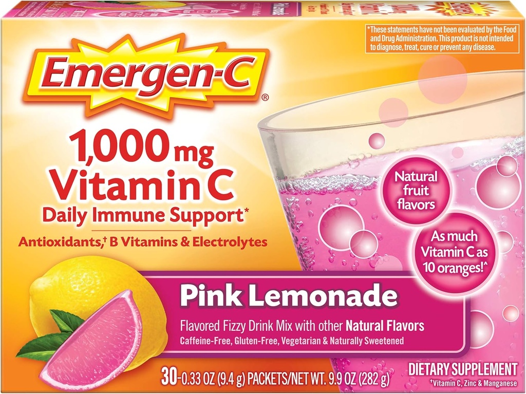 Emergen-C 1000mg 비타민 C 분말, 항 산화제, B 비타민 및 전해질과 함께 면역 보조제, 면역 보조제, 카페인 무료 피지 드링크 믹스, 핑크 레몬 맛 - 30 카운트 (12 팩)