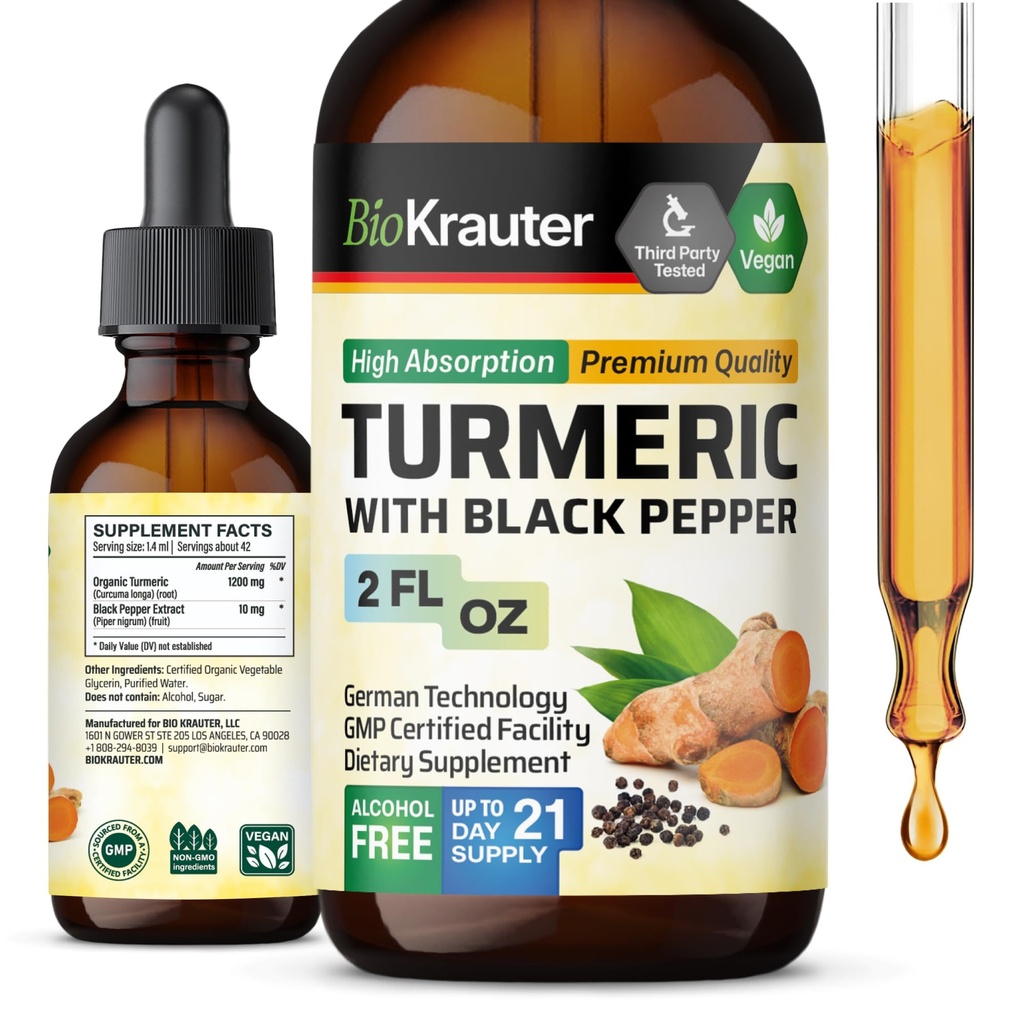 BIO KRAUTER Turmeric 보충 교재 - 까만 고추 추출물을 가진 1200 mg 심황 쿠르쿠민 - 알콜과 설탕 자유로운 - Vegan 하락 2 Fl.Oz.