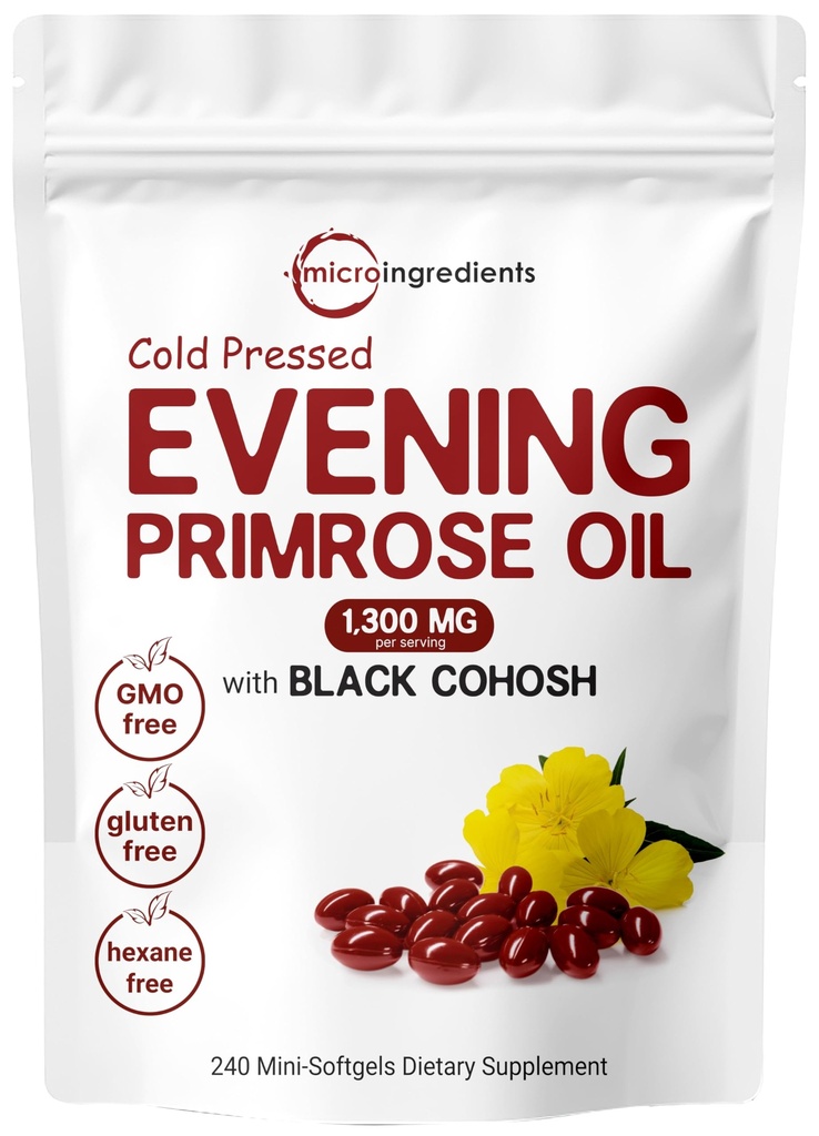 마이크로 재료 저녁 Primrose 오일 1300mg / 서빙, 240 Softgels | 40mg Black Cohosh Extract, Cold Pressed - 10 % Active GLA, Non-GMO, 글루텐 없음, 삼키기 쉬운
