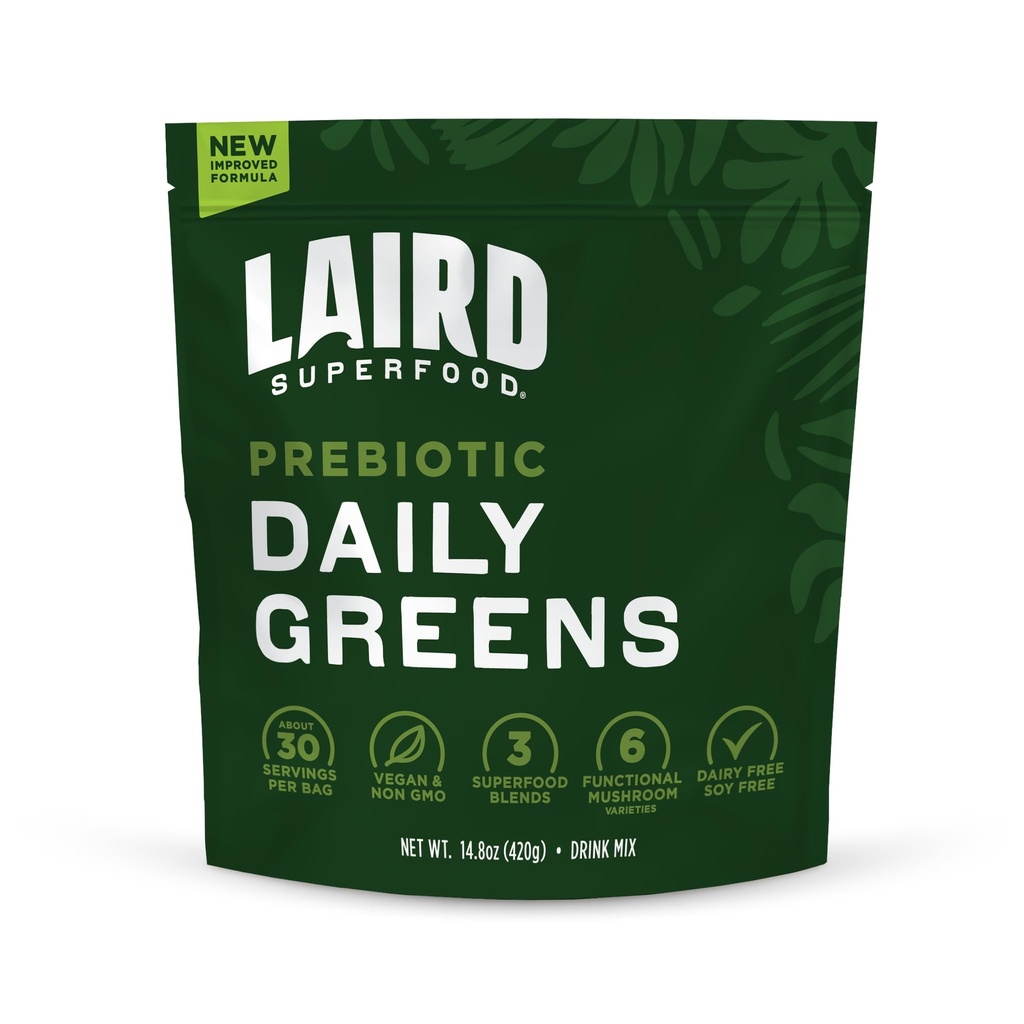 Laird Superfood Prebiotic Daily Greens Powder – 필수 비타민 및 미네랄 - Prebiotic Fiber, Adaptogen 및 과일 및 야채 - Gut Health 지원 - Non-GMO, Vegan - 14.8 oz Bag, 1 팩