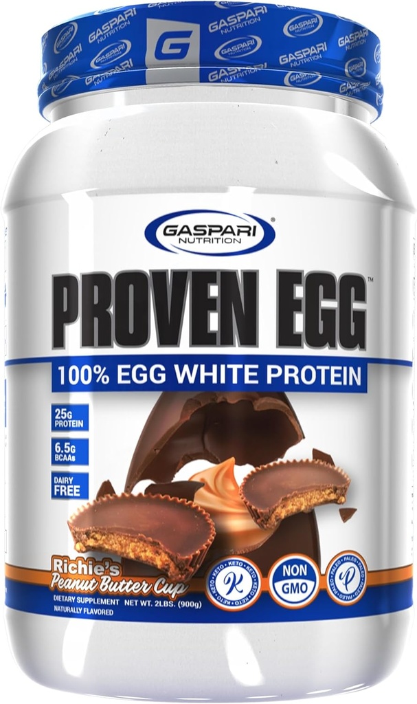 Gaspari 영양 Proven 계란, 100 % 계란 흰 단백질, 25g 단백질, Keto 친절, 낙농 및 Lactose 무료, 콩 무료 (2 파운드, 땅콩 버터 컵)