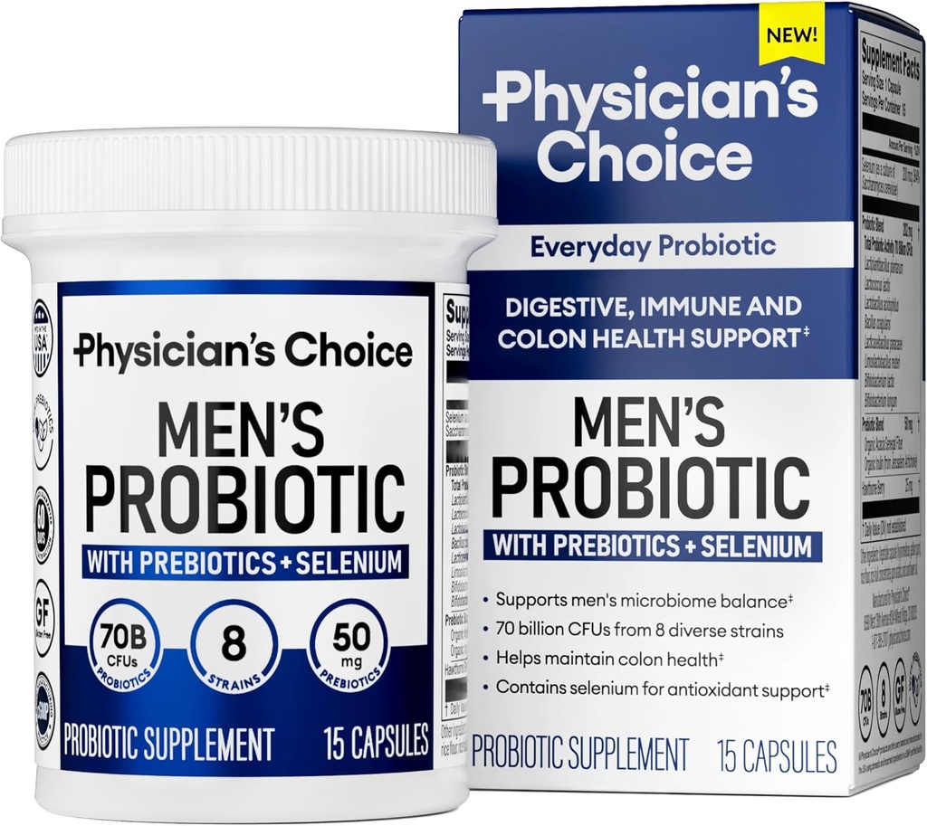 남성용 Physician's Choice Probiotics - 70 억 CFU - 8 Strains - Selenium & Prebiotics - 소화 건강, Microbiome, Colon 및 면역 건강 지원 - 고급 남성 프로 바이오 틱 - 15ct 샘플 크기