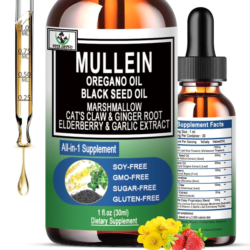 16-in-1 유기 Mullein Drops for Lungs | 뽕잎 추출물 W/Oil of Oregano with Black Seed Oil | Non-GMO&Gluten Free Respiratory Health Liquid Drops | 뽕나무 보충용 뽕나무