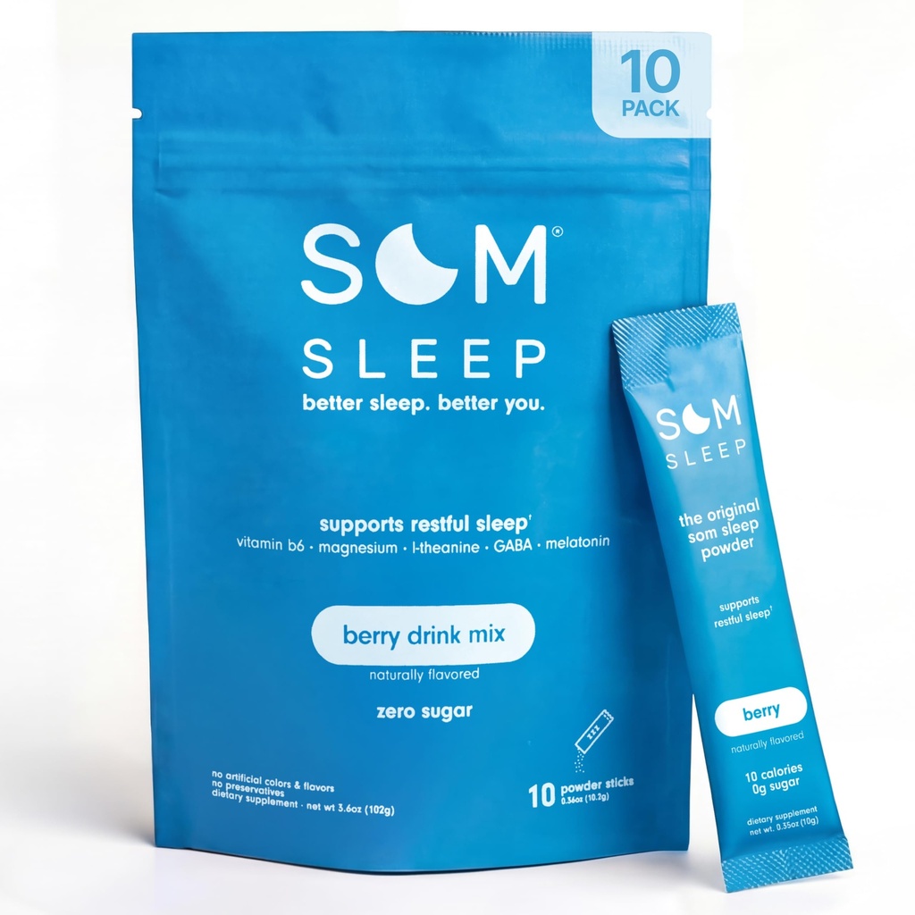 Som Sleep, Calm Sleep Powder Drink Mix, 3mg Melatonin, 마그네슘, 비타민 B6, L-Theanine & GABA - Vegan, Zero Sugar, Keto Friendly - Berry, 10-Pack