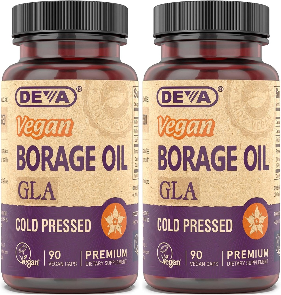 DEVA Vegan 비타민, Borage 기름 500mg의 Omega-6 지방산 GLA의 근원 (Gamma linolenic 산), 찬 압박되는 & Unrefined, 90의 정제 (2의 포장)