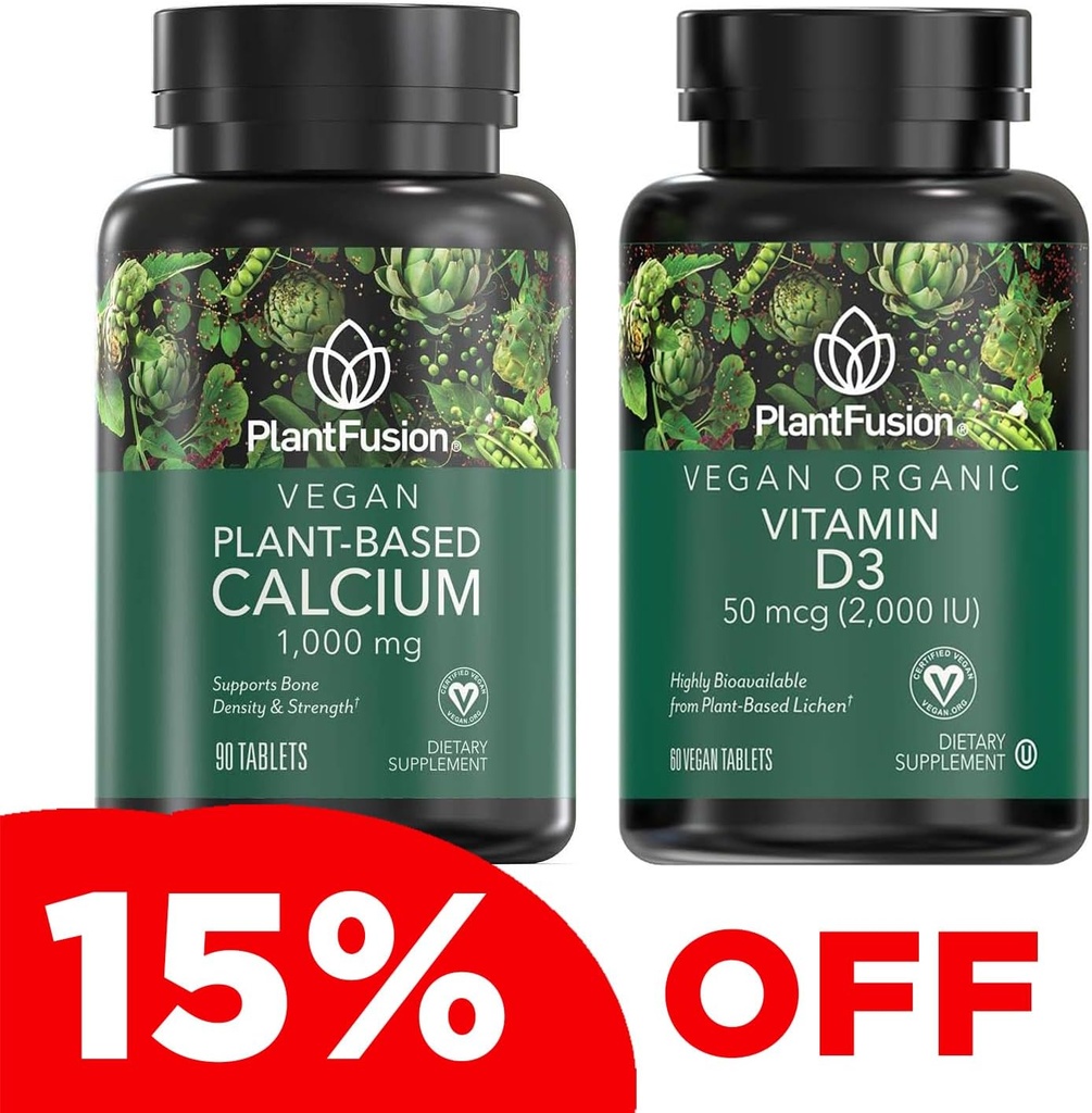 PlantFusion Vegan 칼슘 및 D3 번들 - 프리미엄 플랜트 기반 칼슘 1000mg 및 D3 2000IU 보충제 Bone 성장, 밀도 및 강도 및 면역 지원
