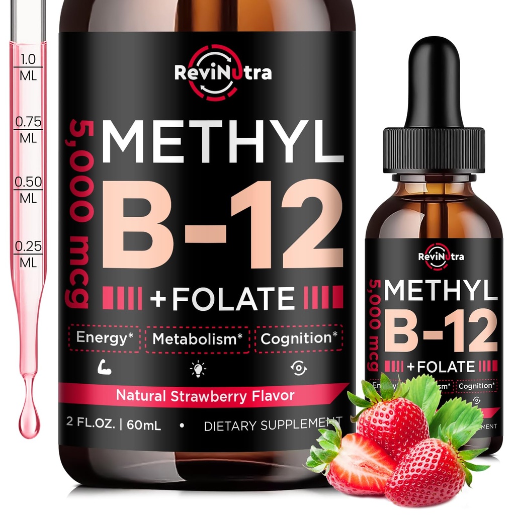 비타민 B12 액체 하락, B12 비타민 5000 mcg, Methylcobalamin B12 잠수함, 비타민 B6, 에너지, 뇌, 심장 건강, Vegan Strawberry 풍미를 위한 Folate를 가진 비타민 B 복합 보충교재 2 Fl Oz