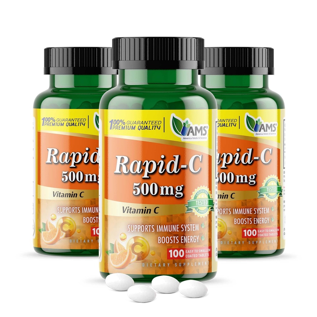 미국 Medic & Science Rapid-C 500mg 비타민 C 보충 (3 팩 100 정제) 에너지 부스터, 매일 면역 체계 지원, 산화 방지제 | Vegan, 비 GMO는 성인 남자 & 여자를 위한 아스코르브산을 입혔습니다
