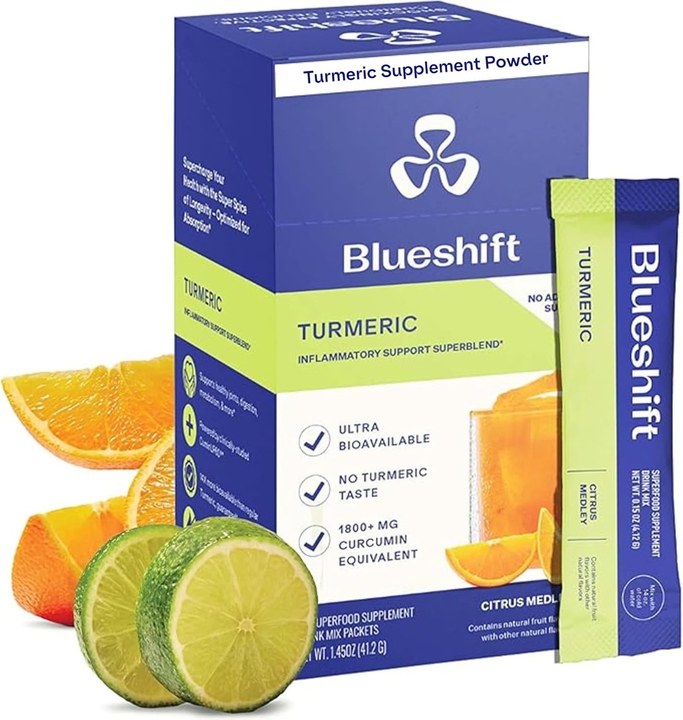 Blueshift Turmeric Citrus Medley - 물, Turmeric Curcumin 보충교재, 자연 회복 지원을 위한 설탕 음료 혼합 없음 - 감귤류 풍미, 분말 지팡이 (10 팩)