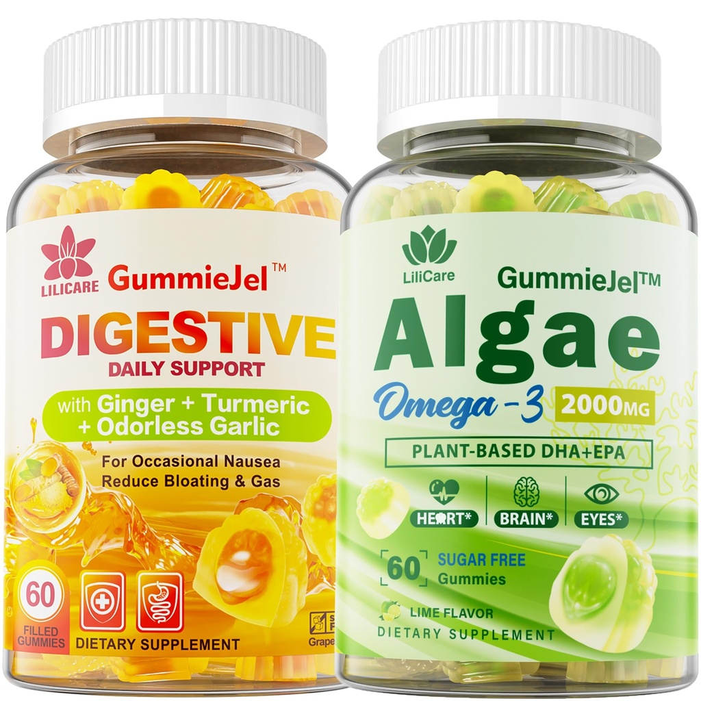 LILICARE 설탕 640mg DHA & 290mg EPA, Multivitamin, CoQ10, Astaxanthin + Ginger를 가진 자유로운 오메가 3 지방산 2000mg Nausea - Stomach 기복 - 소화 지원을 위한 매우 흡수