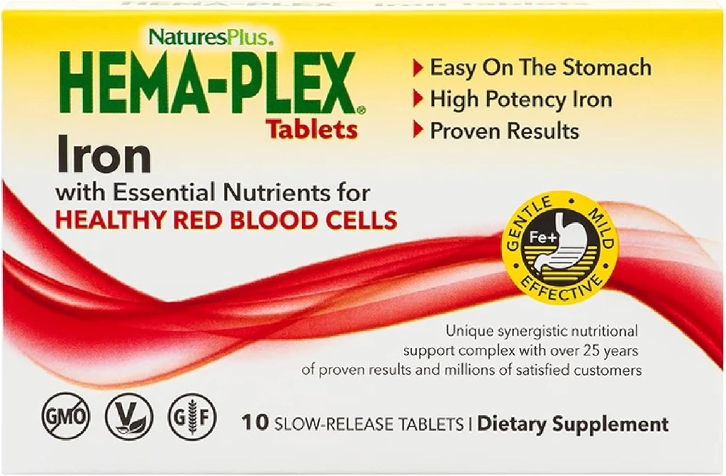 NaturesPlus Hema-Plex Iron - 10 느슨한 정제 - 85 mg 킬레이트 철 - 총 혈액 건강 - 비타민 C 및 Bioflavonoids와 함께 - Vegan, 글루텐 무료 - 10 서빙