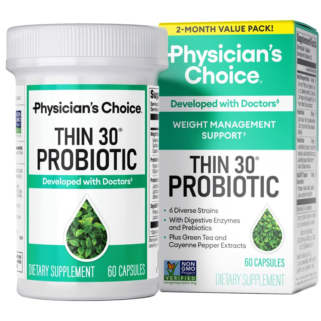 Physician's CHOICE Probiotics for Weight Management & Bloating - 6 Probiotic Strains - Prebiotics - 주요 성분 Cayenne - 지원 Gut 건강 - 여성 및 남성을위한 무게 관리 - 녹차 - 60 CT