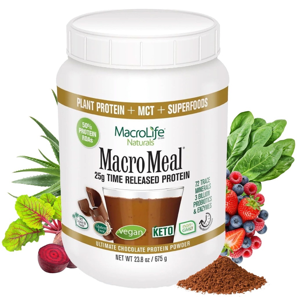 MacroLife Naturals MacroMeal Vegan Chocolate Protein Powder Superfood Greens Probiotics + Fiber, Immune Energy Digestive Daily Essentials for Women & Men Gluten-Free - 23.8oz (15 서빙) 초콜릿