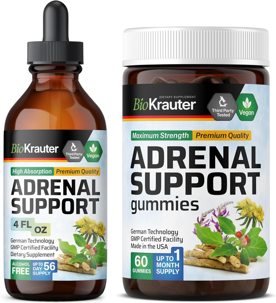 BIO KRAUTER 광고 지원 60 Gummies & Adrenal 지원 Tincture 4 Fl. Oz.