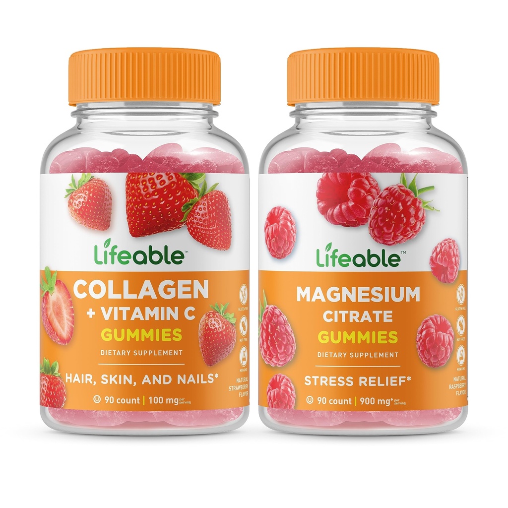 Lifeable Collagen & 비타민 C + 마그네슘, Gummies 번들 - 훌륭한 타스팅, 비타민 보충, 글루텐 무료, GMO 무료, Chewable Gummy