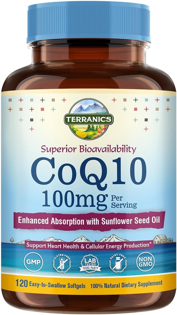 Terranics CoQ10 100mg, 120 Softgels의 여분 처녀 올리브 기름, 심장 건강 & 에너지 생산을 가진 흡수