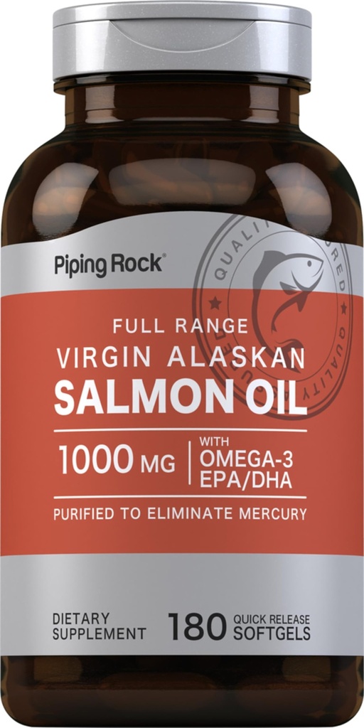 Piping Rock Wild Alaskan Salmon Fish Oil | 1000mg | 180 Softgels | 인간용 보충제 | 오메가-3, EPA 및 DHA | 비 GMO 및 글루텐 무료
