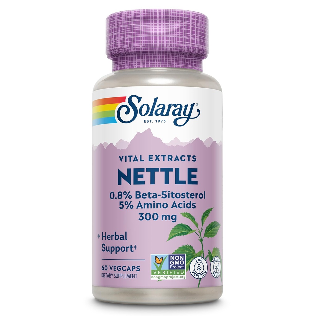 SOLARAY Nettle Root Extract 300 mg with Nettle Root 150 mg, Amino Acids 및 Beta-Sitosterol, Vegan, 60 일 보증, 60 서빙, 60 VegCaps와 남성을위한 건강한 유류 및 전립선 지원