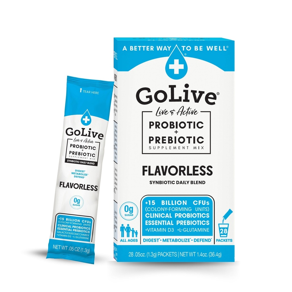 GoLive Prebiotic & Probiotic for Women, 남성, 아이. 풍미 자유로운, 설탕 자유로운, Synbiotic 분말 w/GOS, L 글루타민, 비타민 D3, 전해질. Gut 건강, 소화, 대사, 면역력 15-50B CFUs를 위해.