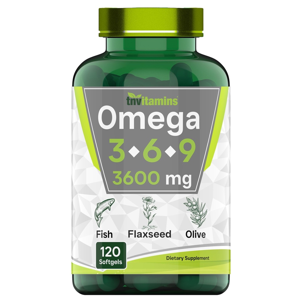 tnvitamins 트리플 오메가 3◆ 6◆ 9 : 3600mg x 120 Softgels | 생선 오일 (EPA & DHA), Flaxseed (ALA & LA), & 올리브 오일 (OA)의 오메가 에센셜 지방산 | 여성 및 남성용 보충 | 비 GMO