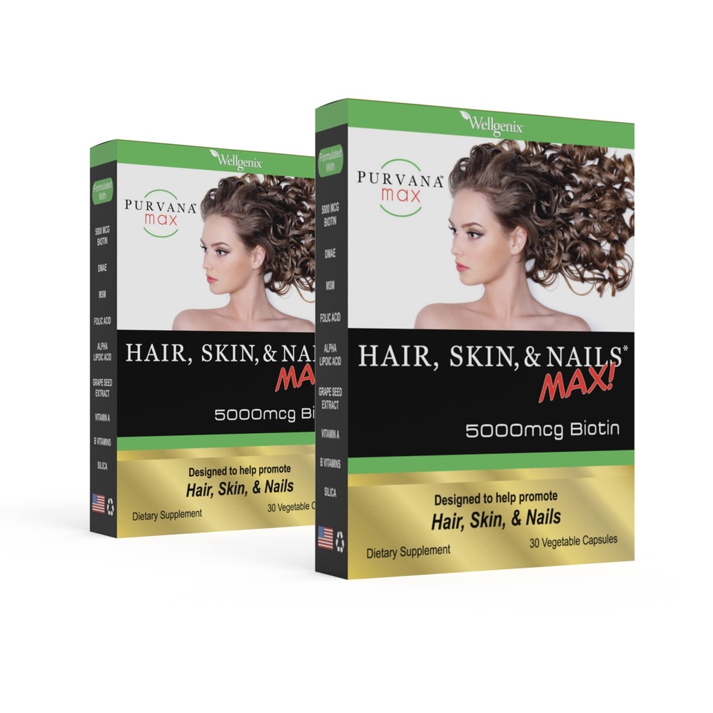 Purvana Max Hair, Skin 및 Nails Vitamin - 5000mcg Biotin, Folic Acid, DMAE, Grape Seed Extract - 일 채식 머리, 피부, 손톱 지원 - Collagen Production - 30 Caps (Pack of 2)