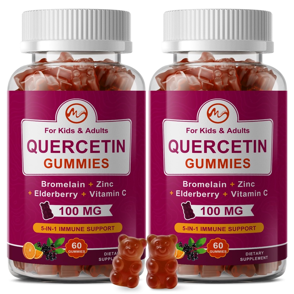 (2 팩) Bromelain, Elderberry, 아연 및 비타민 C를 가진 Quercetin Gummies - Immunity, 알레르기, 나이 드는 지원을 위한 Chewable Quercetin 700mg 보충교재 - 성인 & Kid를 위한 Vegan Gummies