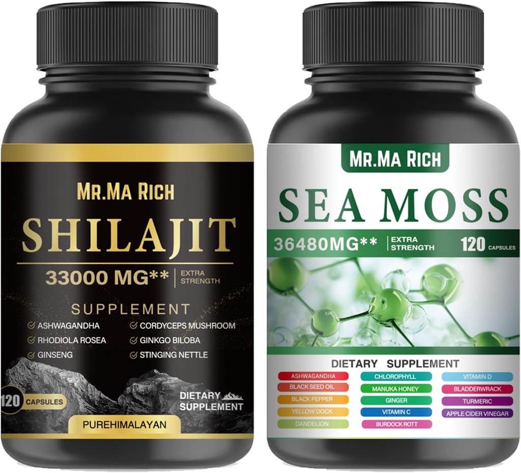 Sea Moss and Shilajit Capsule Bundle, Ashwagandha Rhodiola Rosea Ginseng Cordyceps Mushroom Ginkgo Biloba Sting Nettle Magic Moss Blendim Black Seed Turmeric Bladderwrack Burdock Black Pepper