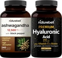 NatureBell Hyaluronic Acid Capsules with Biotin + Vitamin C & Ashwagandha 12,500mg Equivalent with Black Pepper Bundle Pack | Complete Beauty Care Complex | Adaptogens Supplements for Relaxation