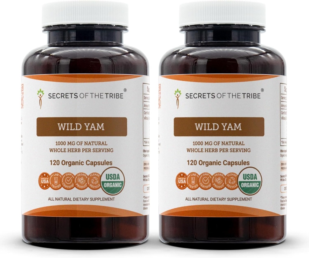 Tribe 야생 Yam 캡슐의 비밀 1000 mg 책임감있게 농업 USDA 유기 야생 Yam (Dioscorea Villosa) 건조 뿌리, 호르몬 지원 보충교재 (2x120 캡슐)
