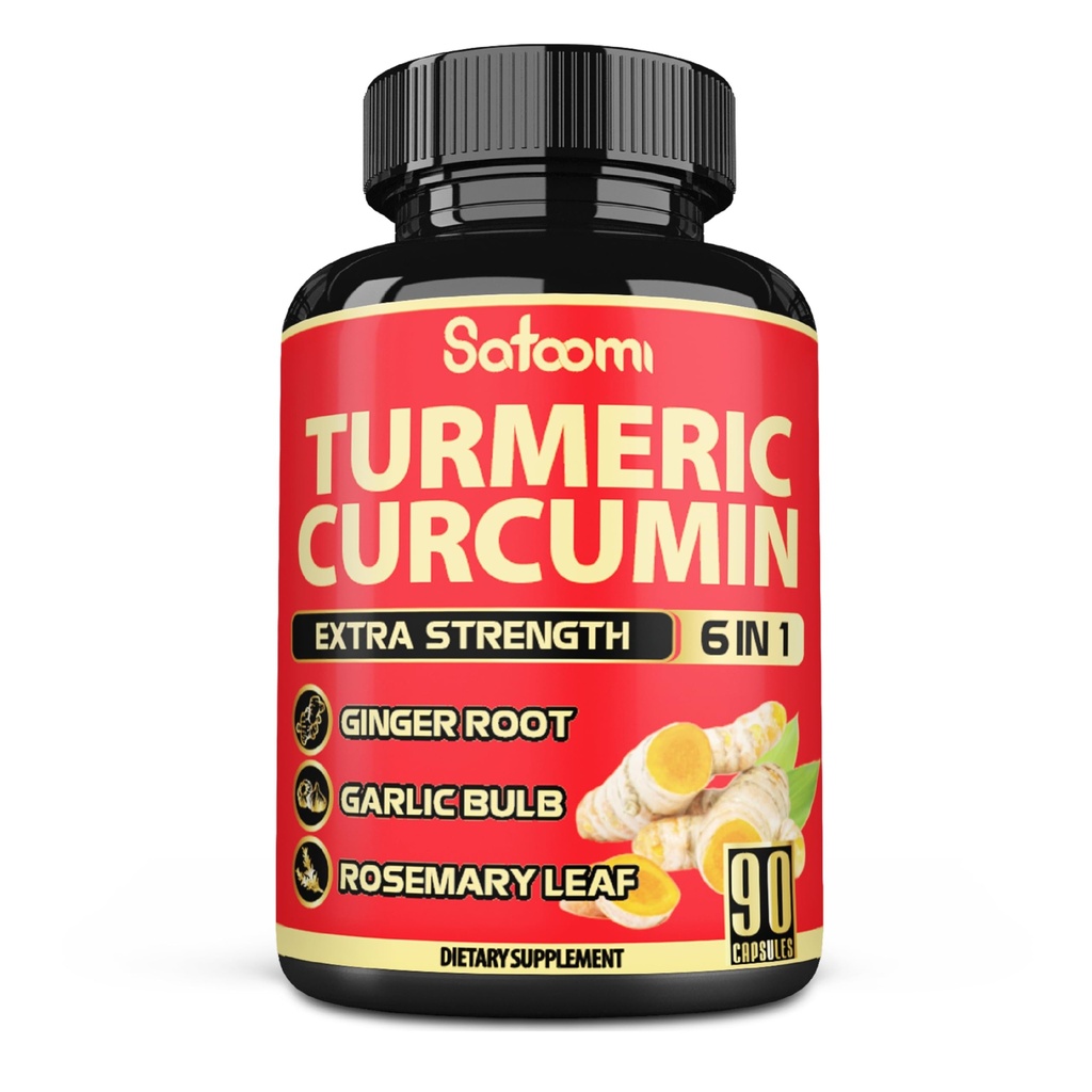 Satoomi 6in1 Turmeric Curcumin 보충 - 3 개월 공급 - Ginger 뿌리, 마늘 전구, 로즈메리 & 블랙 페퍼와 95 Curcuminoids - 90 캡슐